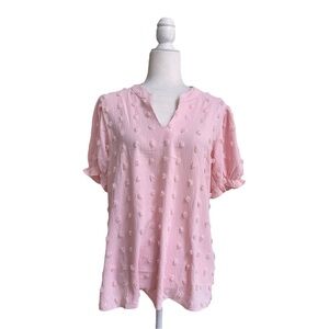 B Pink Clip Dot Short Puff Sleeve V Neck Womens Size M Blouse Solid Polka Dot